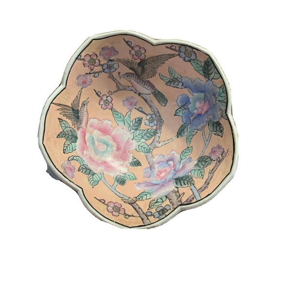 Vintage Chinoiserie Famille Rose Bird Decorative Bowl Pastels Petals RARE - Picture 4 of 5